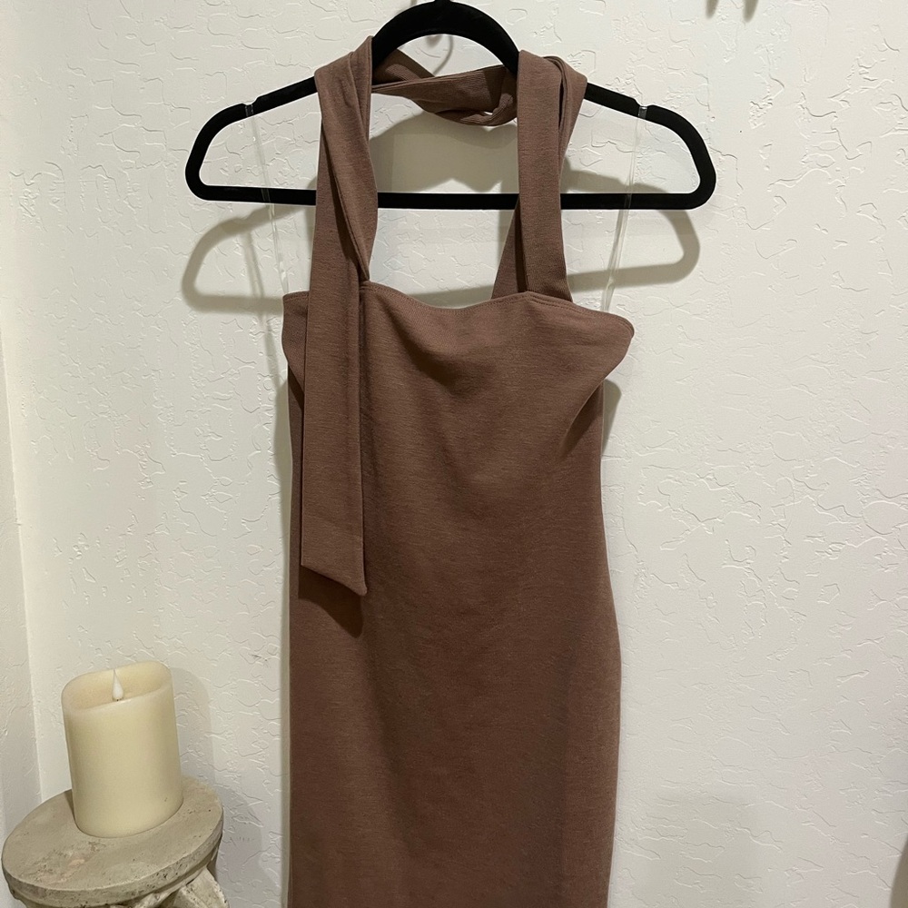 TIC TOC Chic Brown Halter Sheath Dress for Cocktail Events
